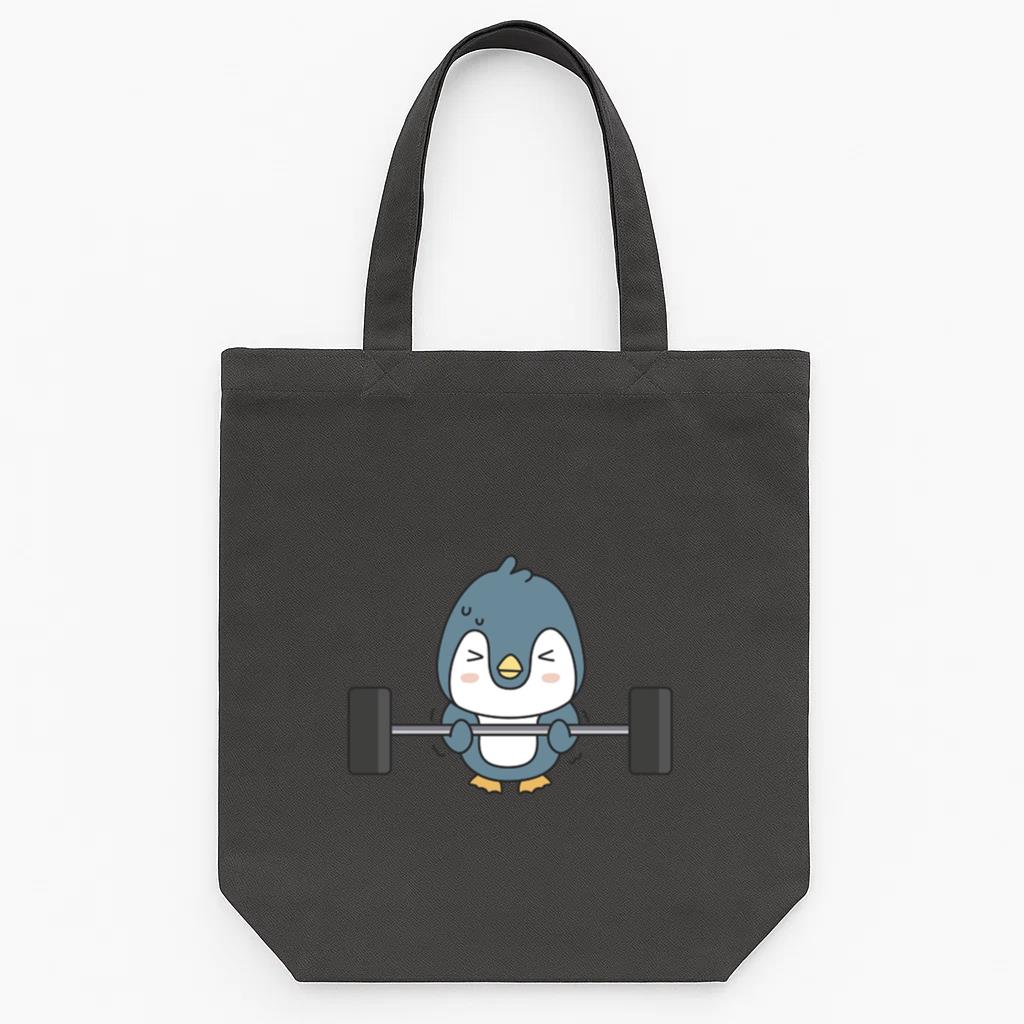 Cartoon Penguin Lifting A Barbell Tote Canvas Bag