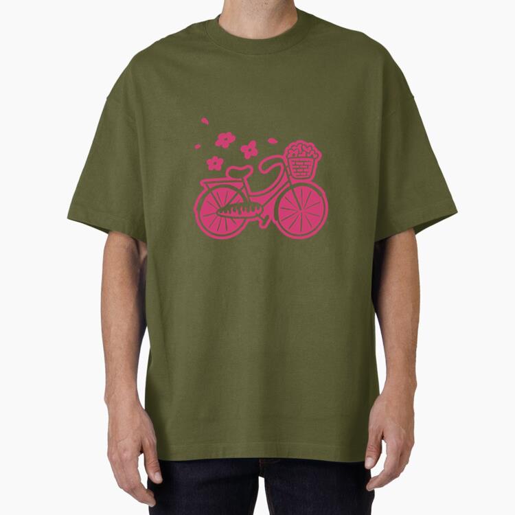 Charming Pink Bicycle Illustration With Flowers Oversized T-Shirt