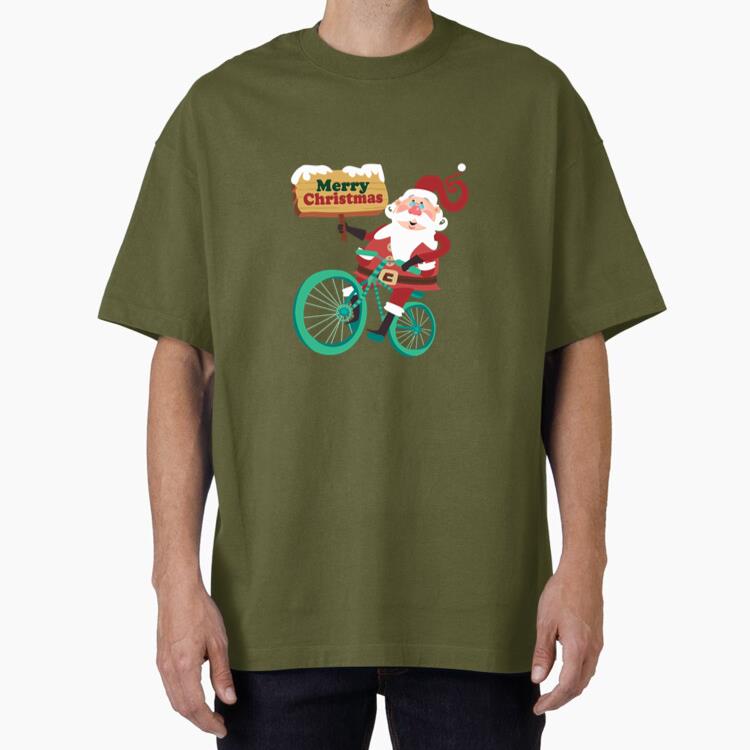 Santa Claus Riding Bicycle Oversized T-Shirt