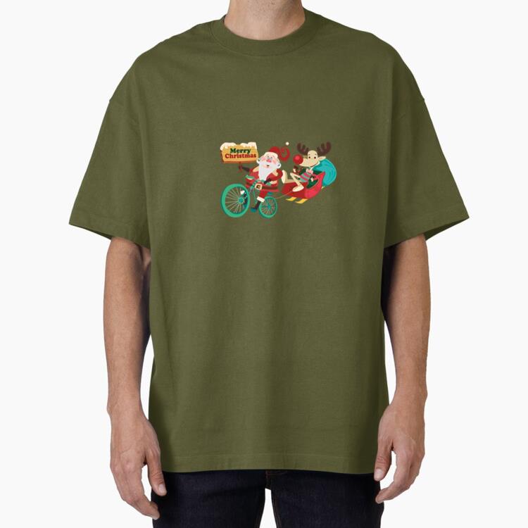 Santa Dragging Sleigh With Bicycle Oversized T-Shirt